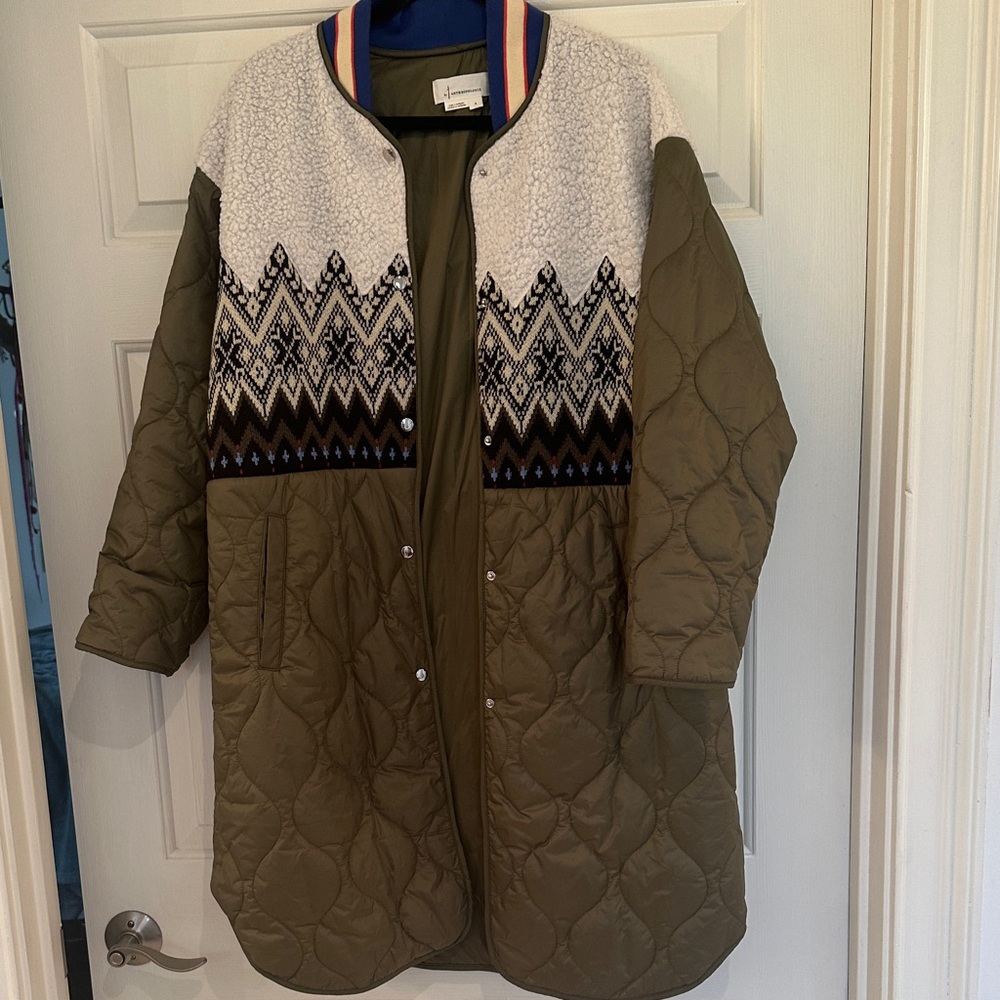 Anthropologie Olive Quilted Puffer Coat with Ivory Fair Isle Yoke